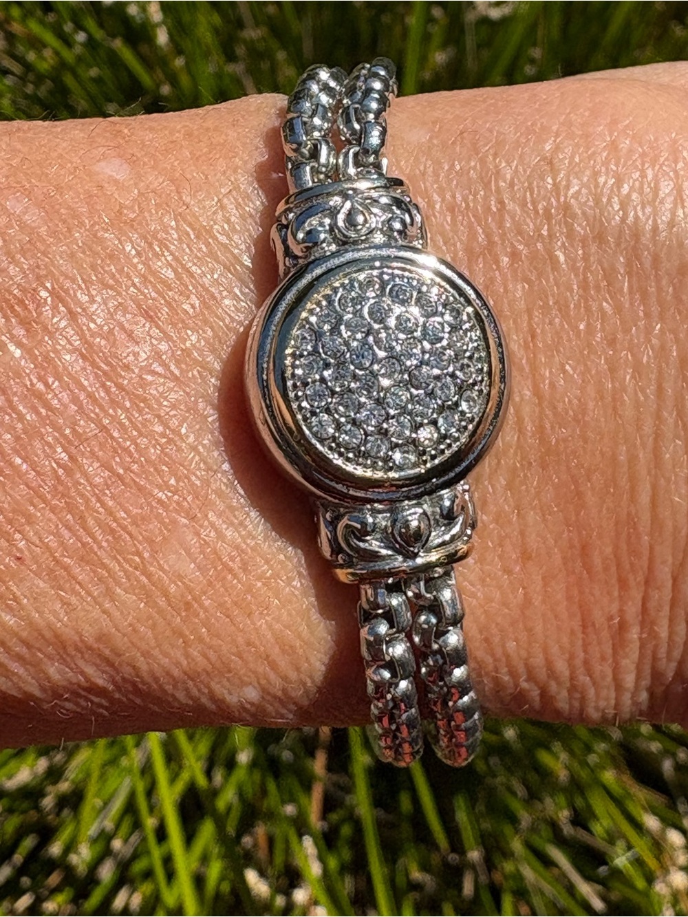 MX Silver-tone Pave Round Double-link Bracelet - Picture 3 of 6